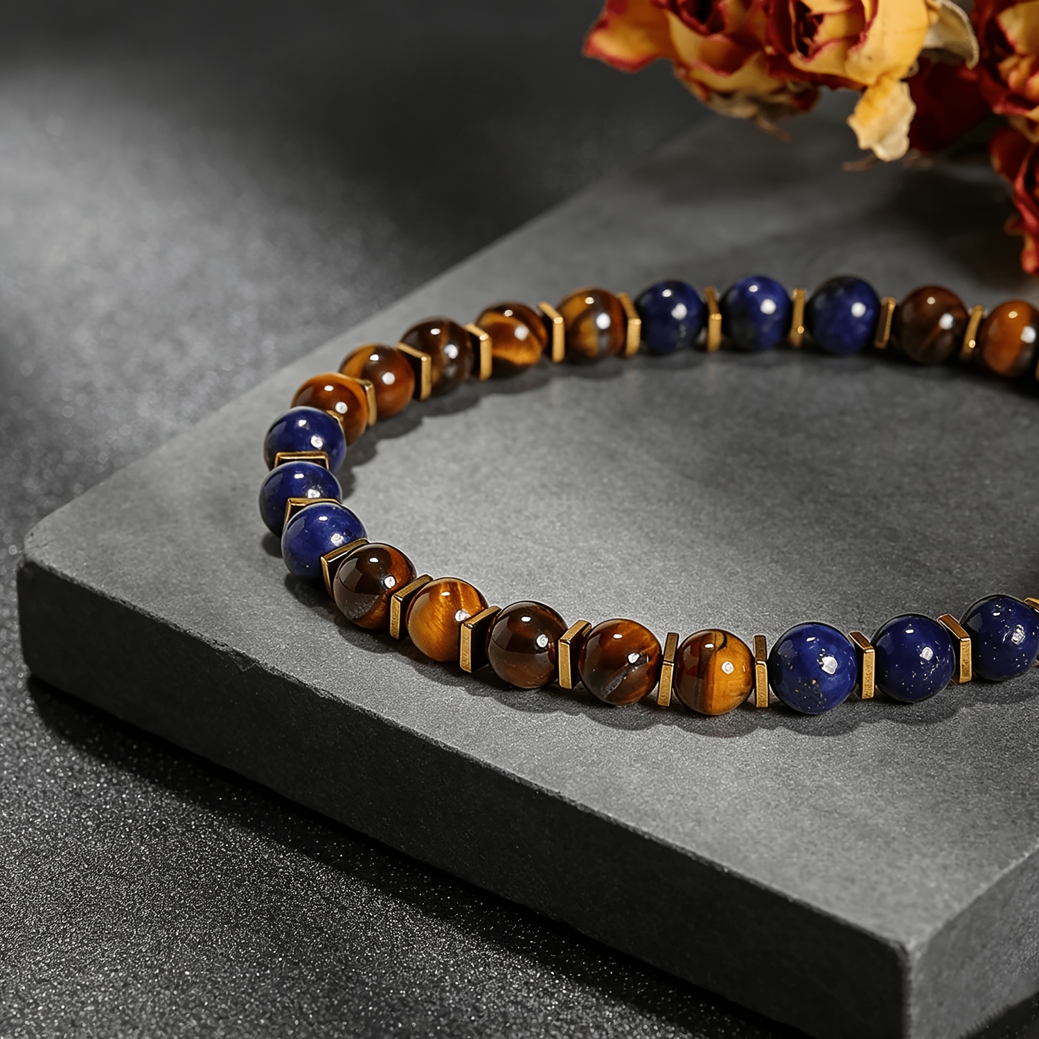 Natural Tiger's Eye & Lapis Lazuli Beaded Bracelet, Unisex Adjustable